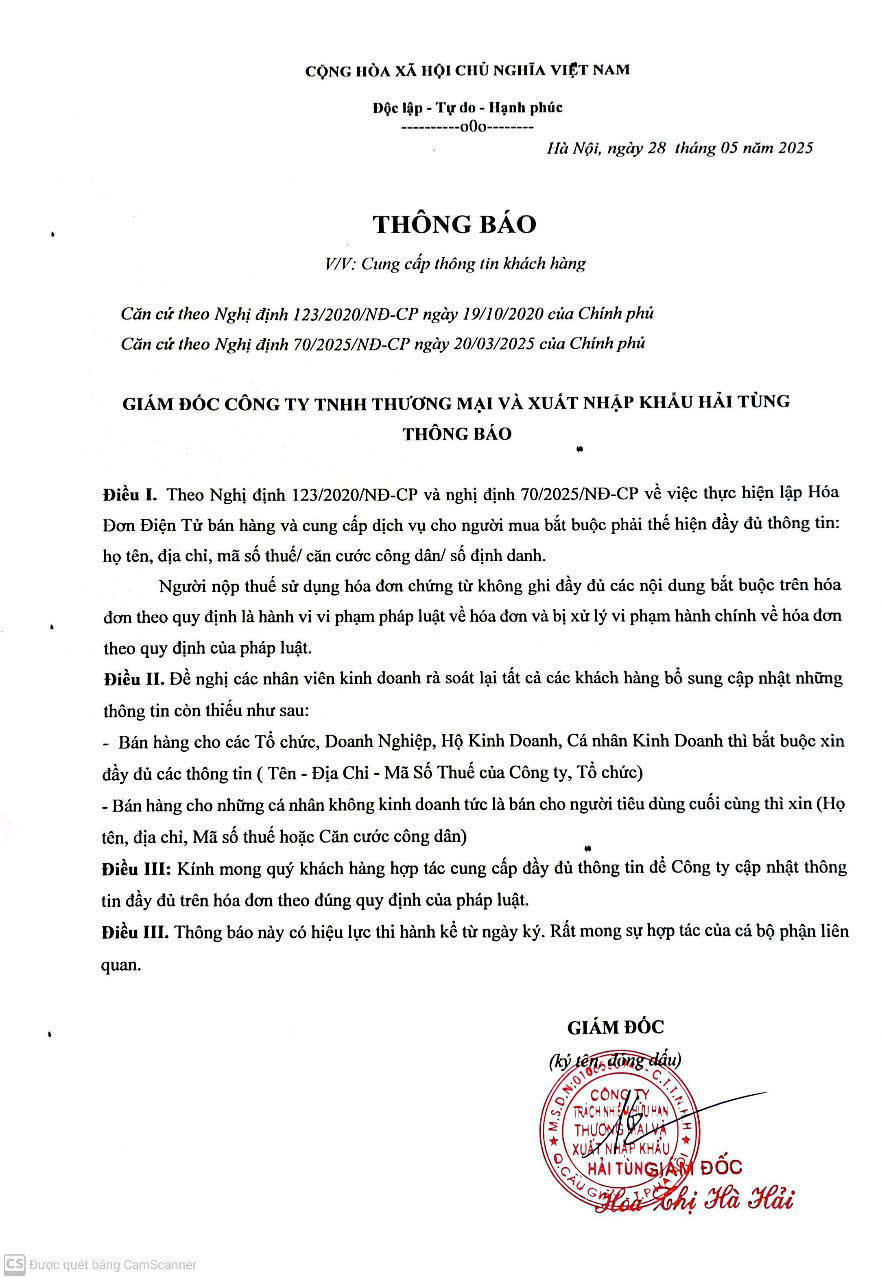 THÔNG BÁO: Cung cấp thông tin khách hàng để lập Hóa đơn điện tử THÔNG BÁO: Cung cấp thông tin khách hàng để lập Hóa đơn điện tử